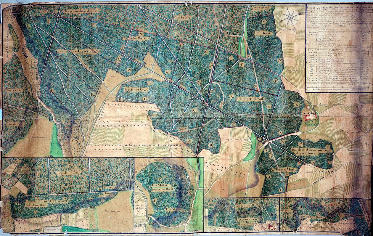 Suunnitelma ja kartoitus Port Royal des Champsin (Port-Royal-des-Champs) nunnille kuuluvista metsistä 1723 Paris, Nationales Nationales tekijältä French School