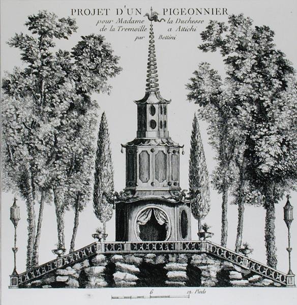 Suunnitelma Pigeon House -julkaisusta "Details des Nouveaux Jardins a la Mode", kirjoittanut George Louis Le Rouge, julkaistu n. 1775-1778 (kaiverrus) (m/w kuva) tekijältä French School