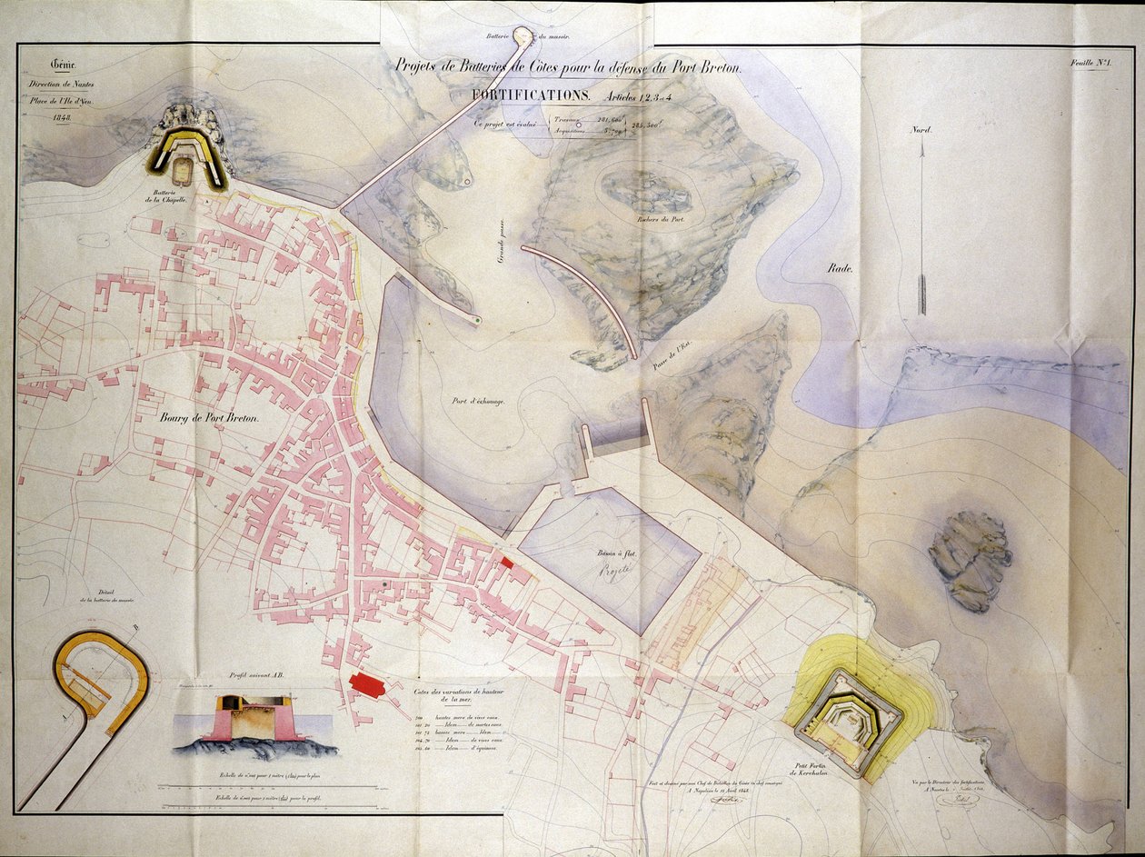 Suunnitelma rannikkopattereiden rakentamisesta Bretonin sataman puolustamiseksi vuonna 1848. tekijältä French School