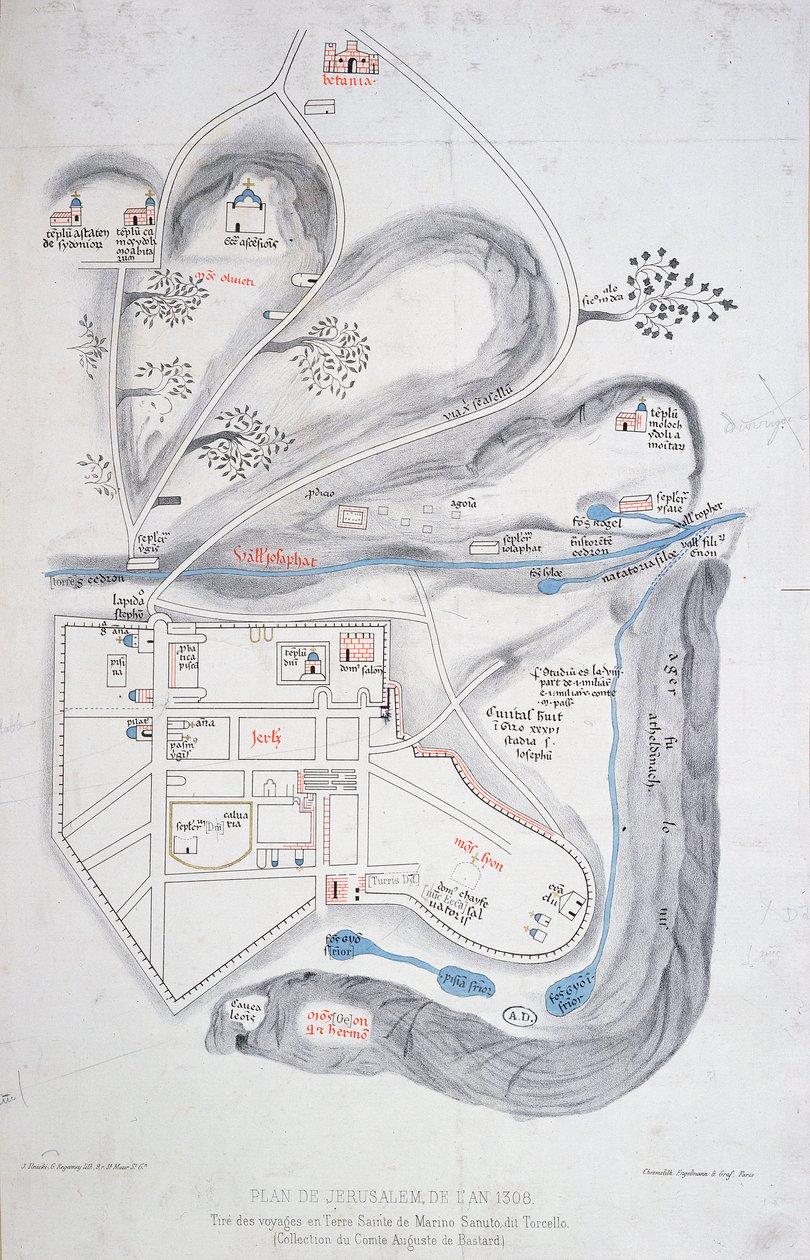Jerusalemin suunnitelma vuodelta 1308, kuva Marino Sanuto di Torcellon (n. 1260-1338) Liber de Expedition Terrae Sanctaen faksimileversiosta tekijältä French School