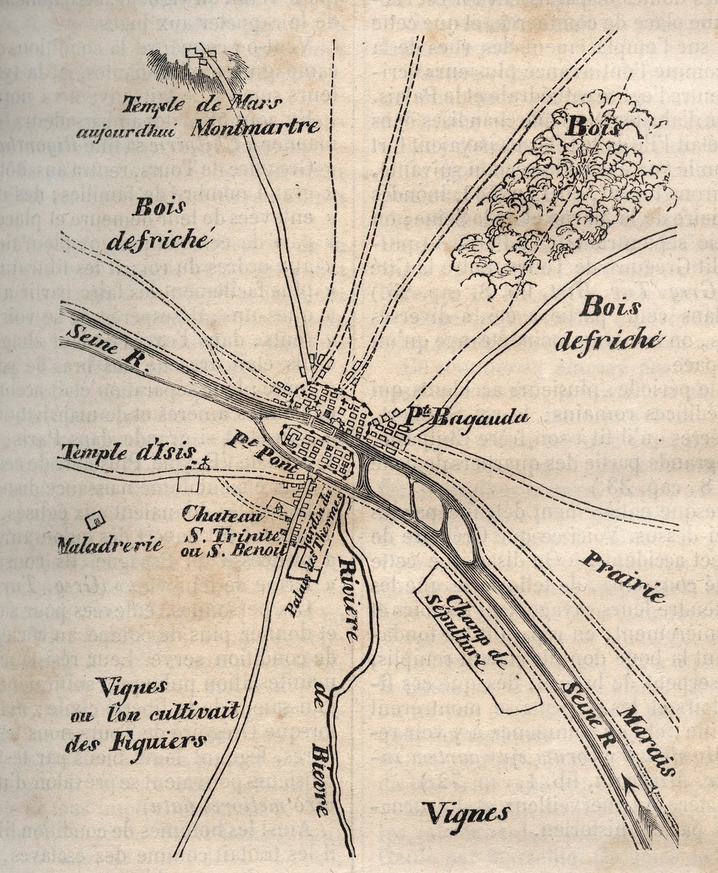 Pariisin suunnitelma Merovingien alaisuudessa - Kaiverrus "" Pariisin fyysiseen, siviili- ja moraaliseen historiaan: historiallisista ajoista nykypäivään", Jacques Antoine Dulaure tekijältä French School