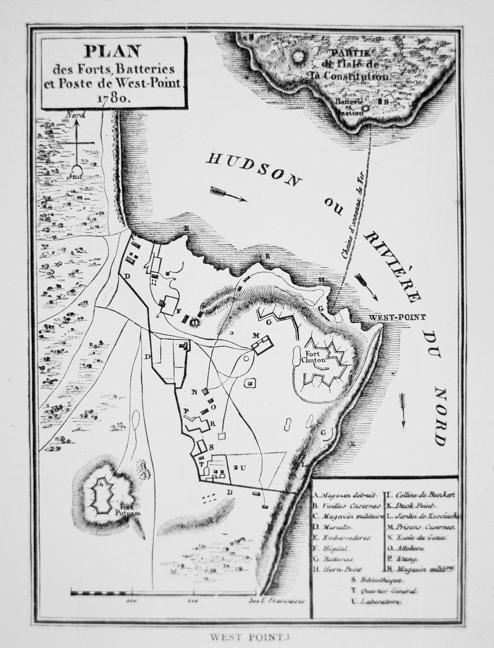 West Pointin suunnitelma, avainlinnoitus, jonka Benedict Arnold suunnitteli toimittaakseen briteille vapaussodan aikana (litho) tekijältä French School
