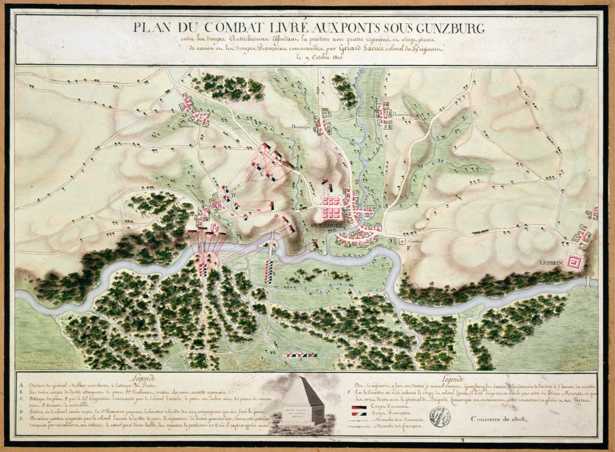 Itävallan ja Ranskan joukkojen välisen Gunzburgin taistelun tapahtumasuunnitelma vuosina 1805, 1808 tekijältä French School