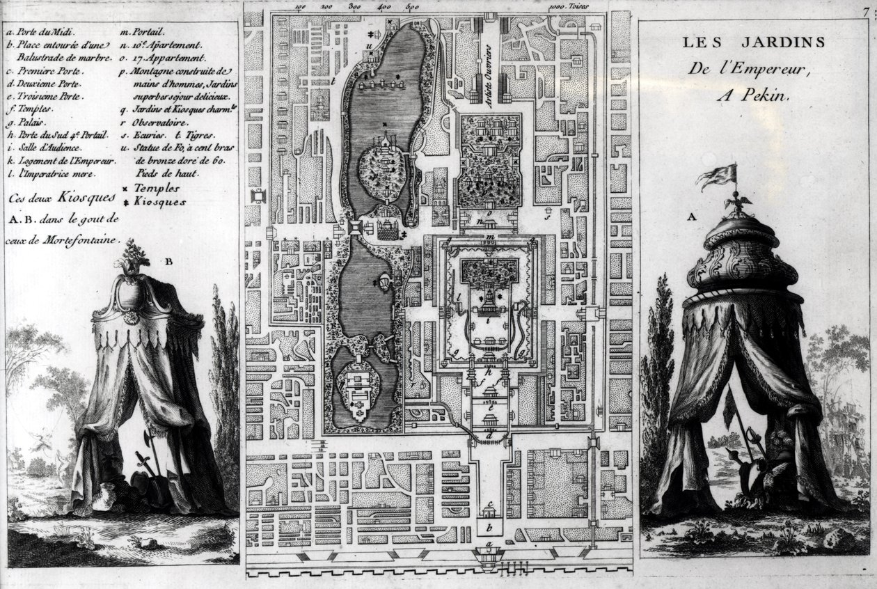 Suunnitelma Pekingin keisarin puutarhasta, Jardins Anglo-Chinois a la Modesta, George Louis le Rouge, julkaistu n. 1776-78 tekijältä French School