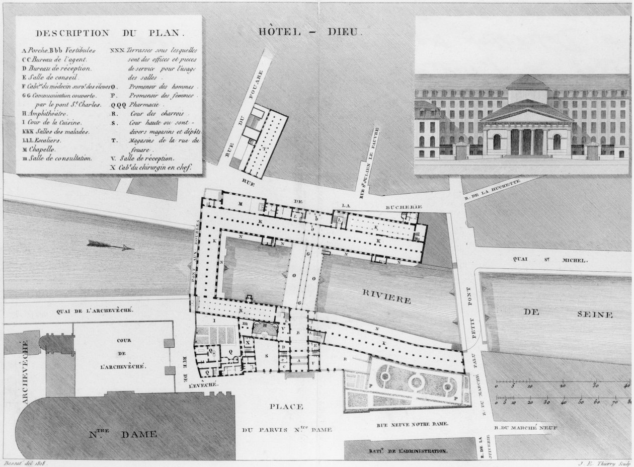 Pariisin Hotel-Dieun kartta, kuva Kuvaus des Hopitaux de Parisista, kaiverrus Jacques Etienne Thierry (1750-1832) Bessatin jälkeen, 1808 tekijältä French School