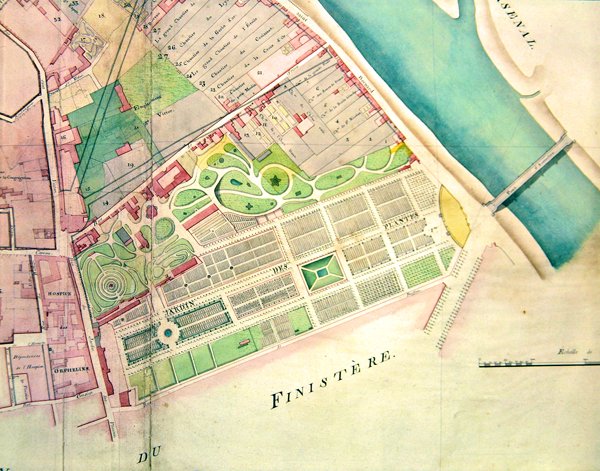 Suunnitelma Jardin des Plantesista Pariisissa imperiumin aikana (muste ja akvarelli paperille) tekijältä French School