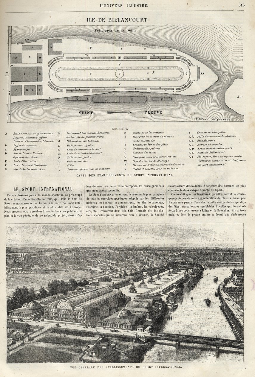 Kansainvälisen urheilun perustamissuunnitelma, joka on rakennettava Billancourtin saarelle vuonna 1869 - yleiskuva kansainvälisen urheilun laitoksista Billancourtin saarella vuonna 1869 tekijältä French School