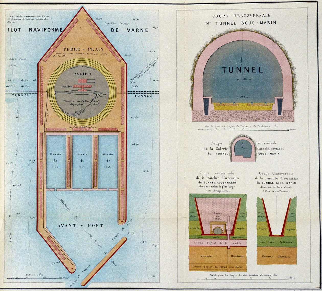 M.A. Thomé de Gamondin "" Muiston suunnitelmat Englannin ja Ranskan välisen vedenalaisen tunnelin uuden projektin suunnitelmista, tuotettu vuoden 1867 maailmannäyttelyssä" tekijältä French School