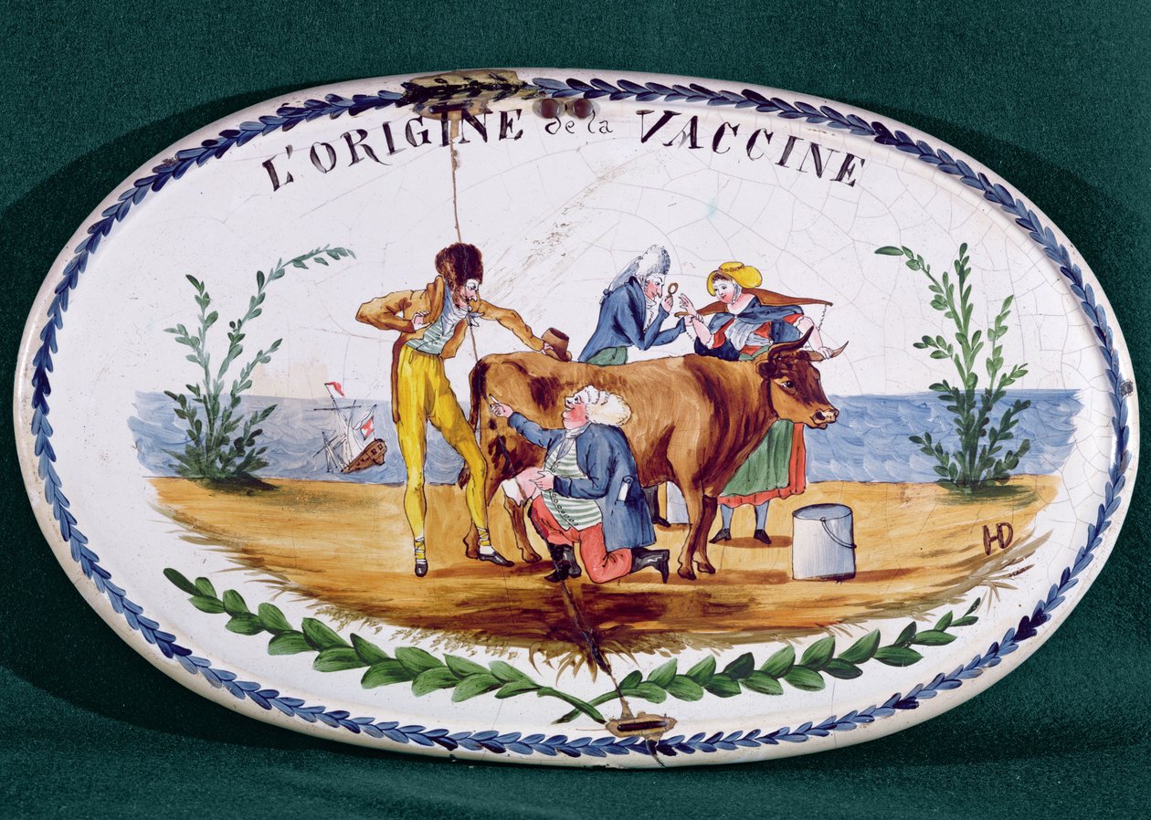 Rokotuksen alkuperää kuvaava laatta, 1700-luvun loppu (lasitettu keramiikka) tekijältä French School
