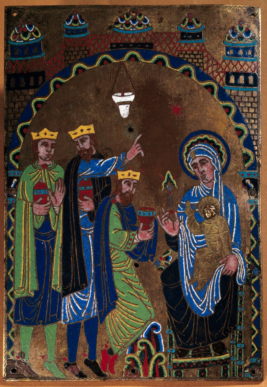 Grandmontin luostarin suuren alttarin laatta: Maagien palvonta. Emali dore ja taltta kuparilla. 1275-1300. Limogesista. Pariisi, Keskiajan kansallismuseo, Thermes de Cluny tekijältä French School