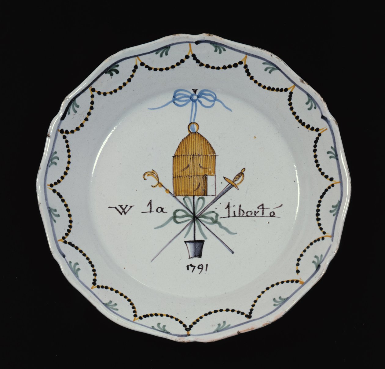 Lautas, jossa avoin lintuhäkki ja legenda Vive la Liberte, 1791 (keraaminen) tekijältä French School