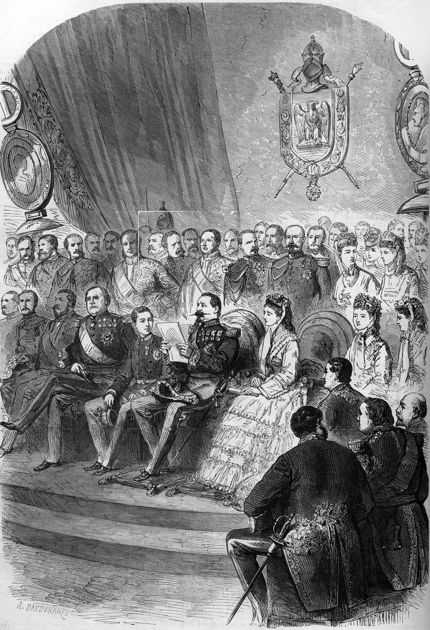 Kansanäänestys 1870: virallisen tulosilmoituksen esittely Napoleon III:lle (1808-1883). Mukana ovat myös keisari Eugenie de Montijo (1826-1920), hänen poikansa Prince Imperial (1856-1879), prinsessat Mathilde Bonaparte (1820-1904) ja Clo. tekijältä French School
