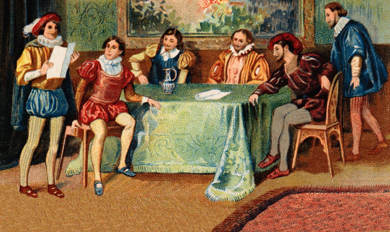 Plejaat Ronsardin luona. Runoilijat Joachim du Bellay (1522-1560), Jean Antoine de Baif (1532-1589), Jean Dorat (oikealla nimellään Jean Dinemandi Auratus tekijältä French School
