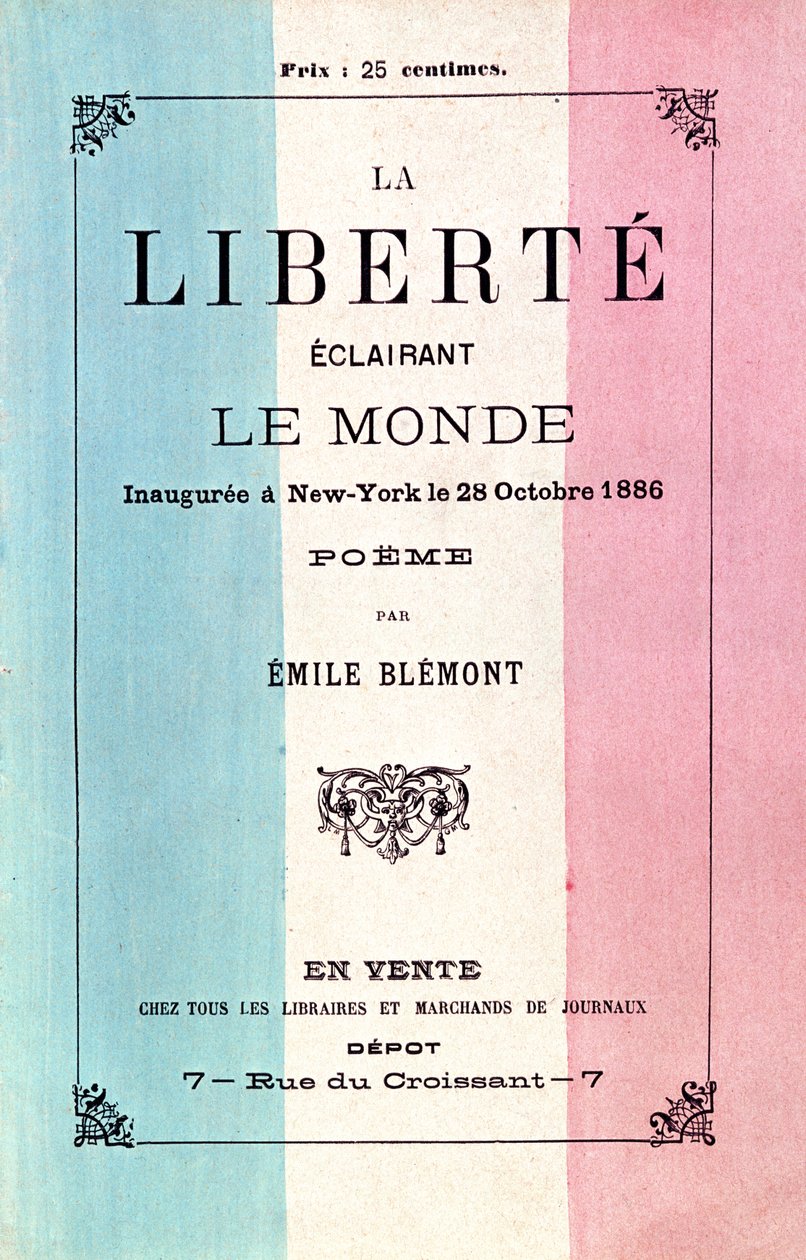 Emile Blemontin (1839-1927) runo Vapaudenpatsaan vihkiäisistä 28. lokakuuta 1886 tekijältä French School