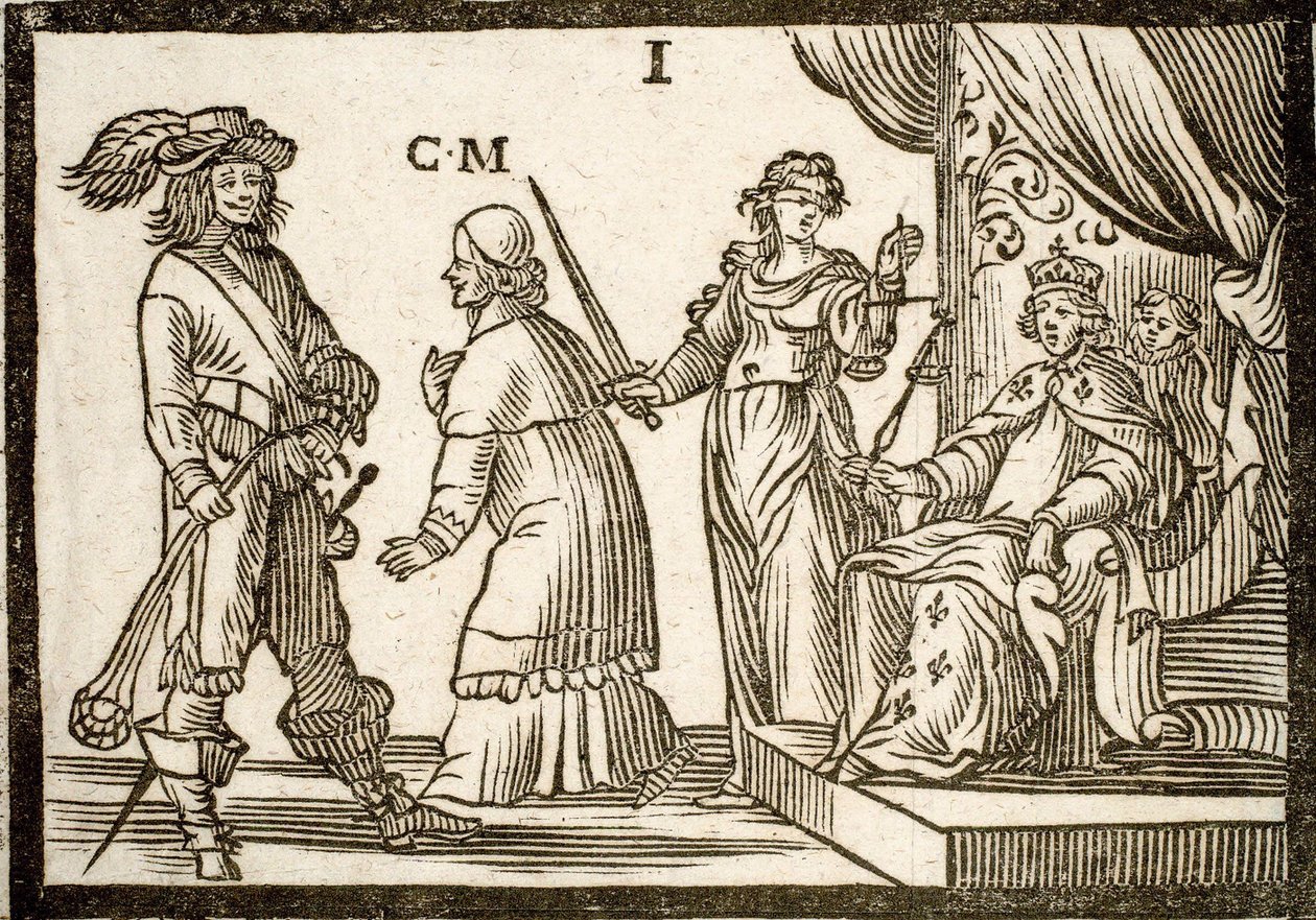 Poliittiset esitteet Mazarinade: Justice and Sling karkotti Mazarinin, jättää kuninkaan (Louis XIII). Kaiverrettu puu 1651. tekijältä French School