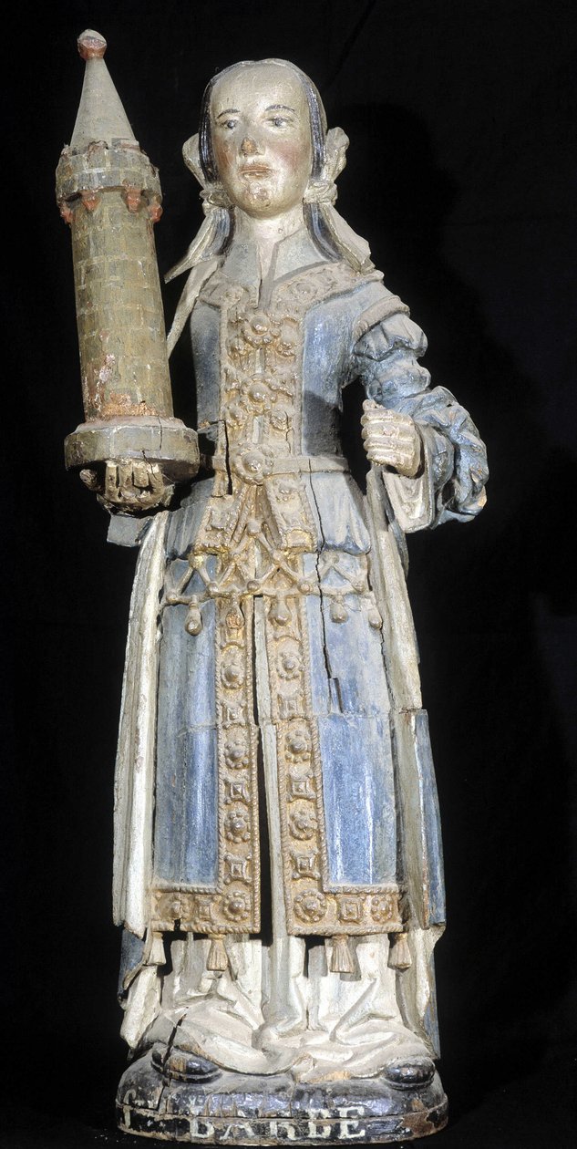 Monivärinen puuveistos, joka edustaa Saint Barbea (1500-luvun loppu), jota säilytetään Dinanin museossa. tekijältä French School