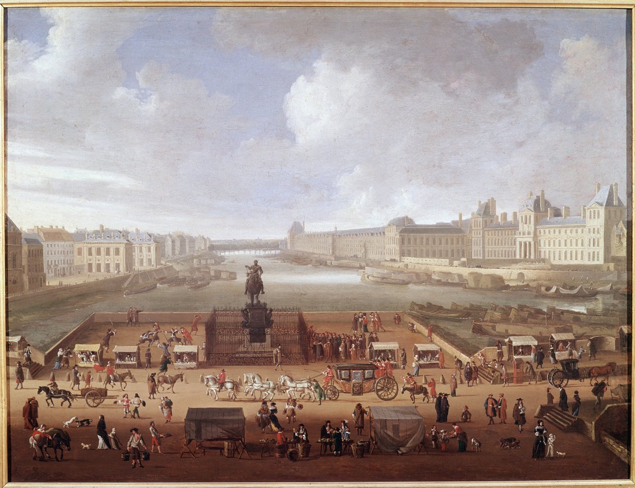 Pont-Neuf, Pariisi, nähtynä Place Dauphinen sisäänkäynnistä, jossa näkyy 4 Nations College, Quai Malaquais ja Louvre (öljy kankaalle tekijältä French School