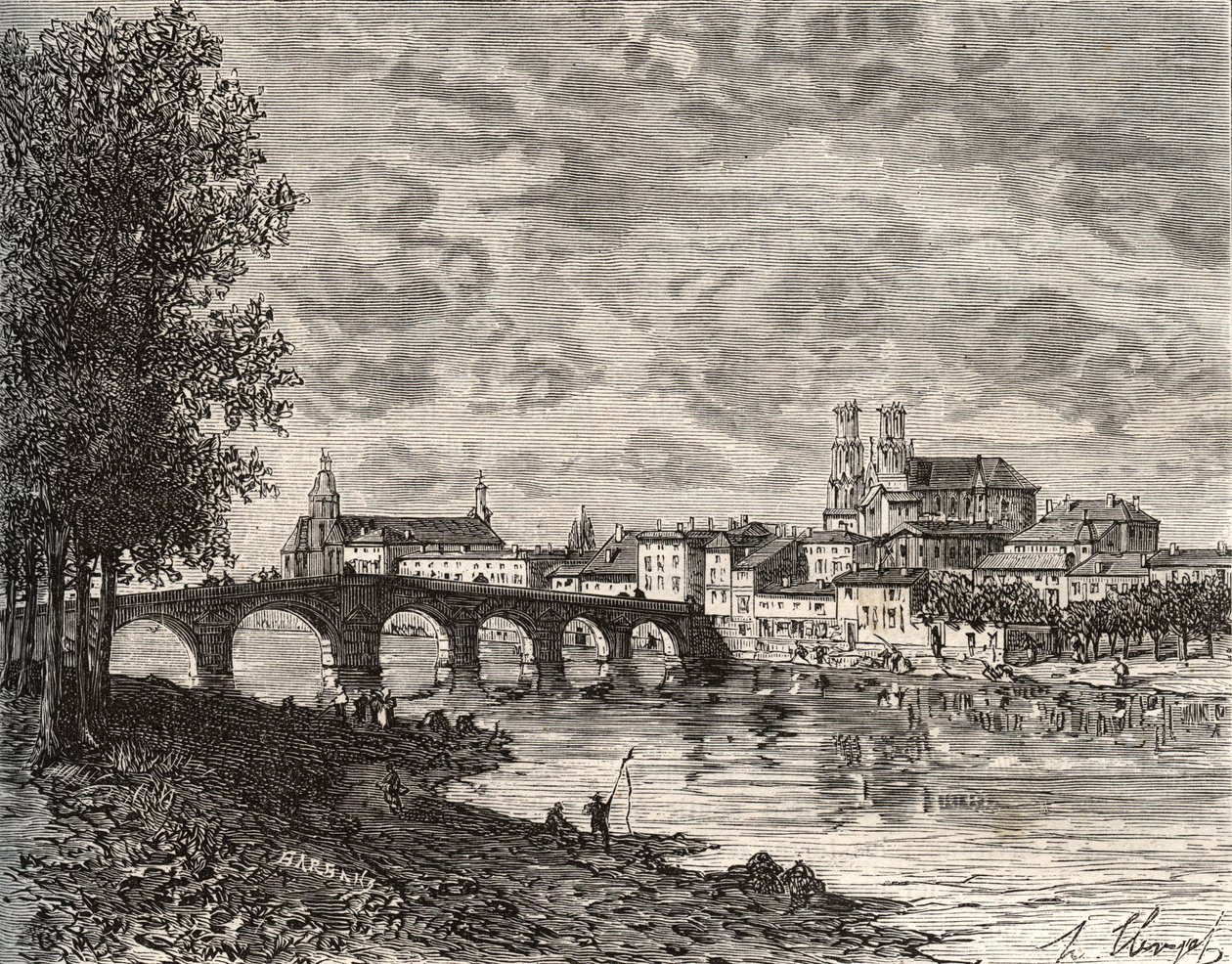 Pont-a-Mousson (Pont a Mousson) - Meurthe-et-Moselle - kaiverrus "Ranska kuvitettu: maantiede, historia, tilastohallinto" V.-A. Maltaanruskea. 1884 tekijältä French School