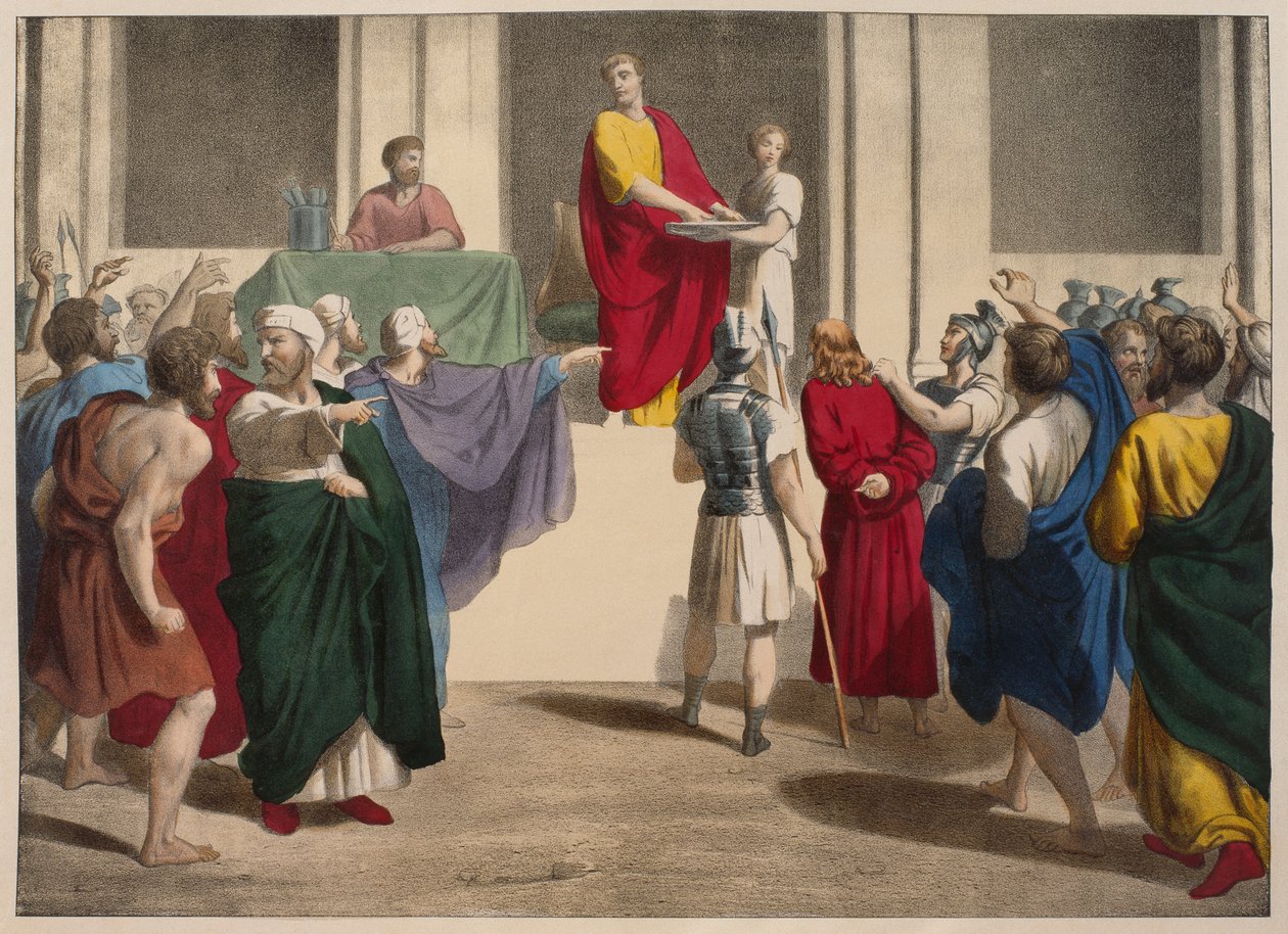 Pontius Pilatus pesee kätensä Jeesuksen edessä, kuvitus katekismuksesta LHistoire Sainte, julkaisija Charles Delagrave, Pariisi, 1800-luvun loppu tekijältä French School