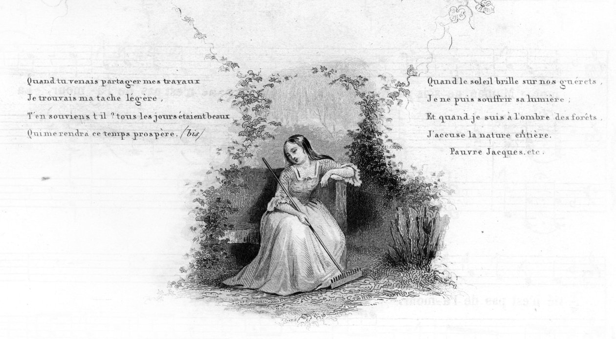 Köyhä Jacques. Tyttö yksin istuu penkillä, pitelee harava. Kaiverrus "" Chants et chansons populaire de la France"", Tome 2 tekijältä French School