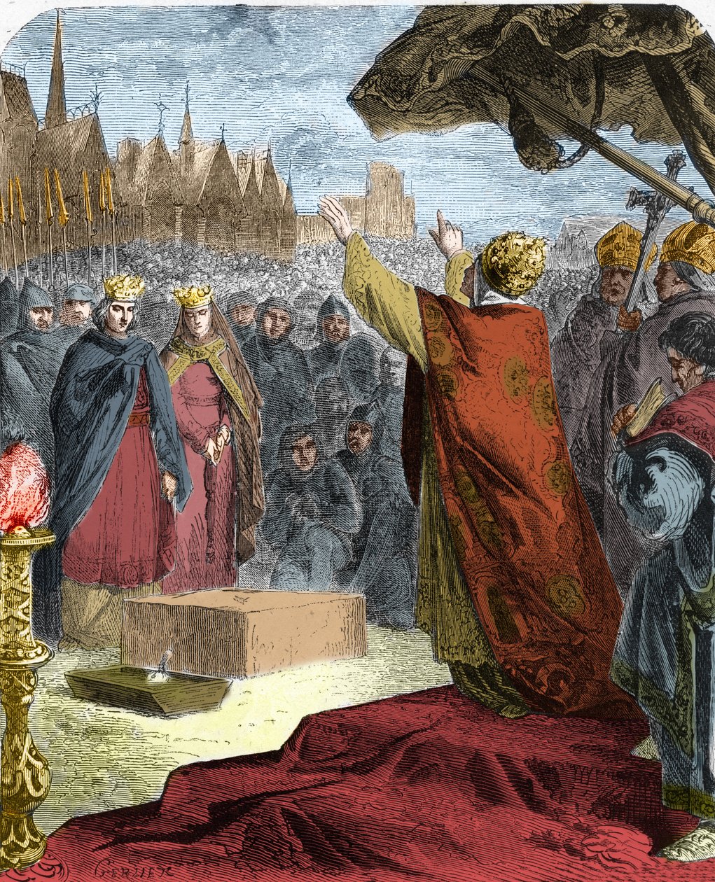 Paavi Aleksanteri III (Orlando Bandinelli) (Alessandro III) laski vuonna 1163 Notre Dame de Parisin (Notre-Dame) katedraalin ensimmäisen kiven Ranskan kuninkaan Ludvig VII:n ja eveque Maurice de Sullyn läsnäollessa. tekijältä French School