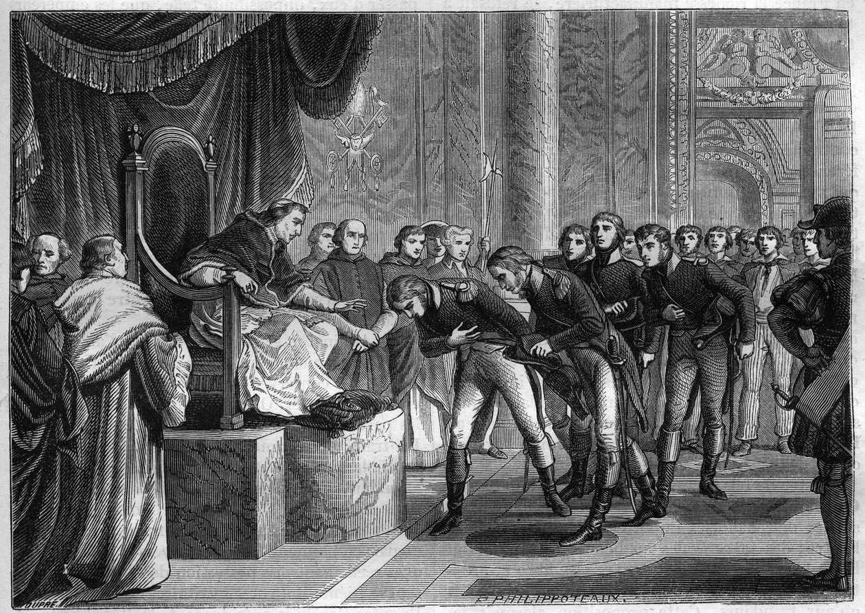 Paavi Pius VII (1742-1823) vastaanottaa Roomassa ranskalaiset merimiehet kahden tiilen "Pyhä Pietari" ja Pyhä Paavali" miehistön jäsenet, jotka Bonaparte tarjosi lahjaksi paaville, elokuu 1802 - Kaiverrus vuodelta 1865 kirjaan "Histoire" du Consulate et de tekijältä French School