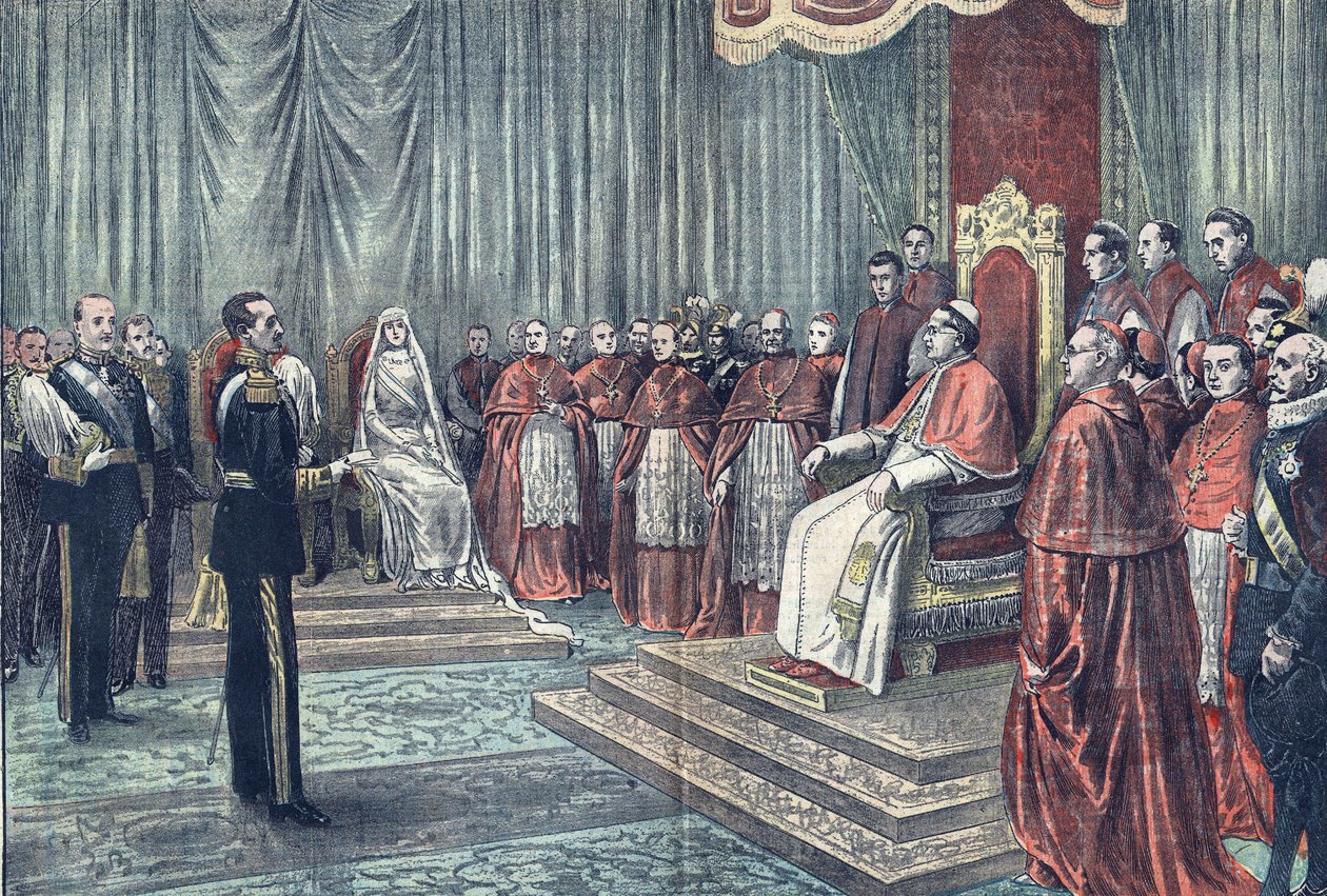 Paavi Pius XI vastaanottaa Espanjan hallitsijat juhlallisessa audienssissa Le Pelerinissä. tekijältä French School