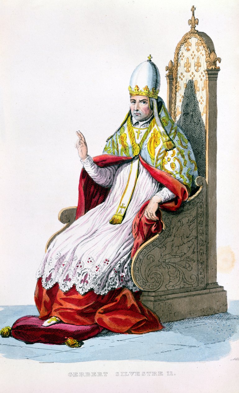 Paavi Sylvester II, E. Mennechetin teoksesta Le Plutarque Francais, Pariisi, 1835 (värikaiverrus) tekijältä French School