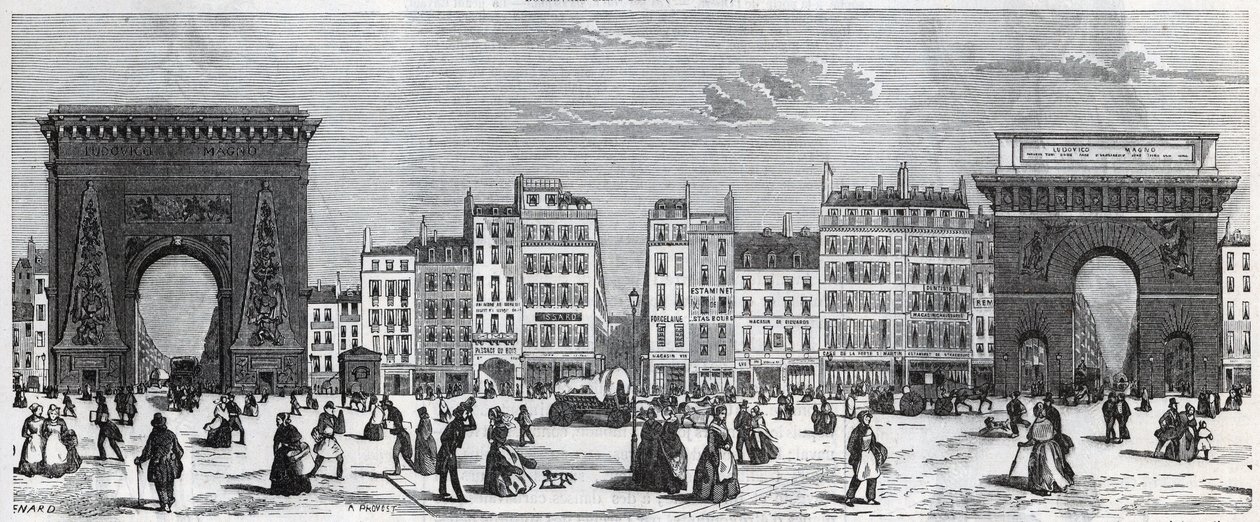 Porte Saint-Denis ja rue faubourg Saint Denis - porte saint Martin ja rue faubourg Saint-Martin Edmond Texierin (1815-1887) kaiverrus "" Tableau-de-Paris "" tekijältä French School