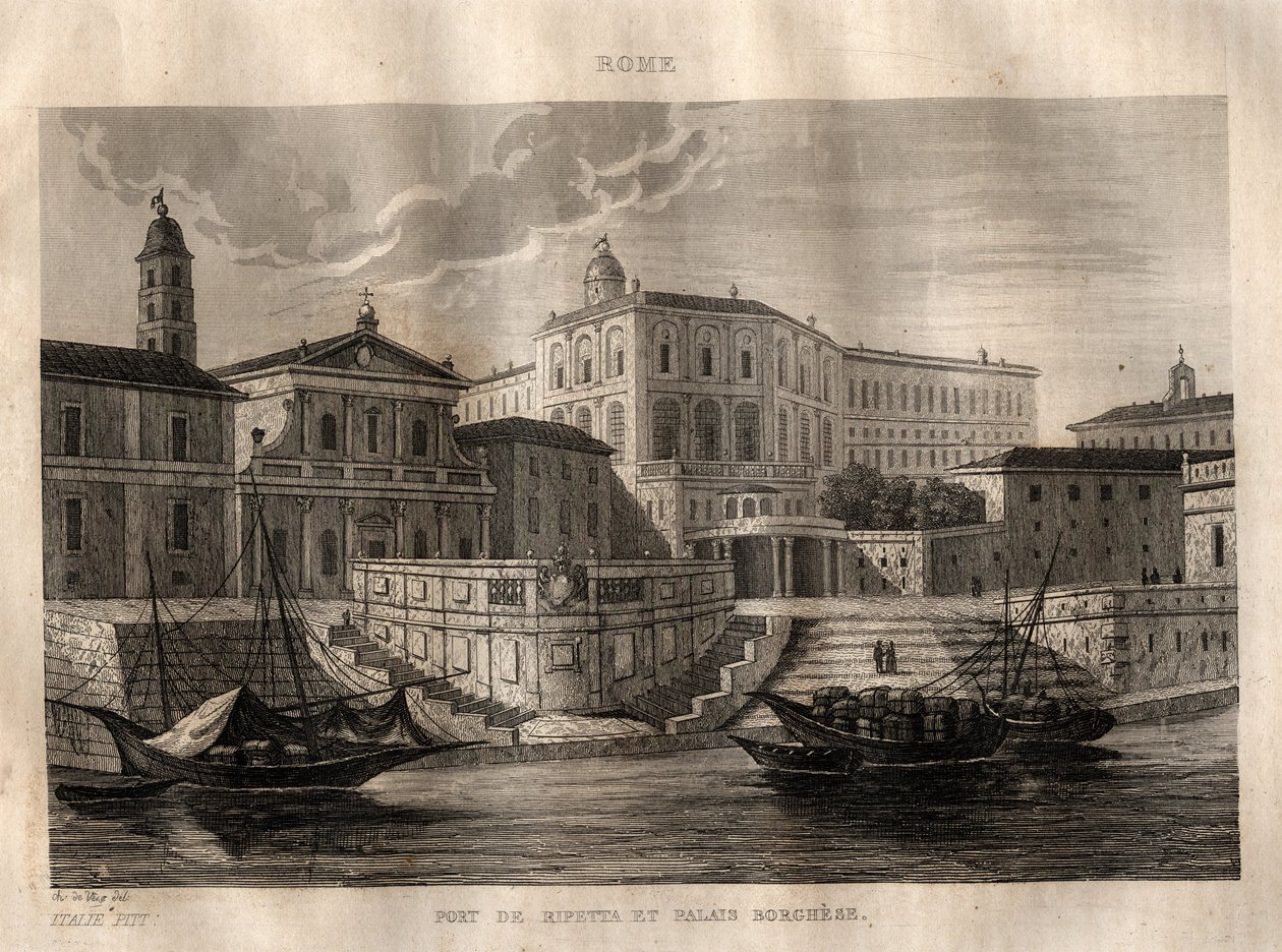 Porto di Ripetta ja Palazzo Borghese - Rooma - Kaiverrus "" maalauksellisesta Italiasta" - Italian historiallinen ja kuvaava maalaus", M. de Norvins, Ch. Nodier 1834-1836. tekijältä French School