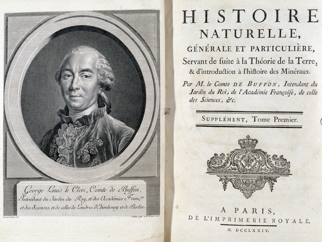 Muotokuva ja otsikkosivu Buffonin "" Luonnon, yleisen ja erityisen historian" -julkaisusta tekijältä French School