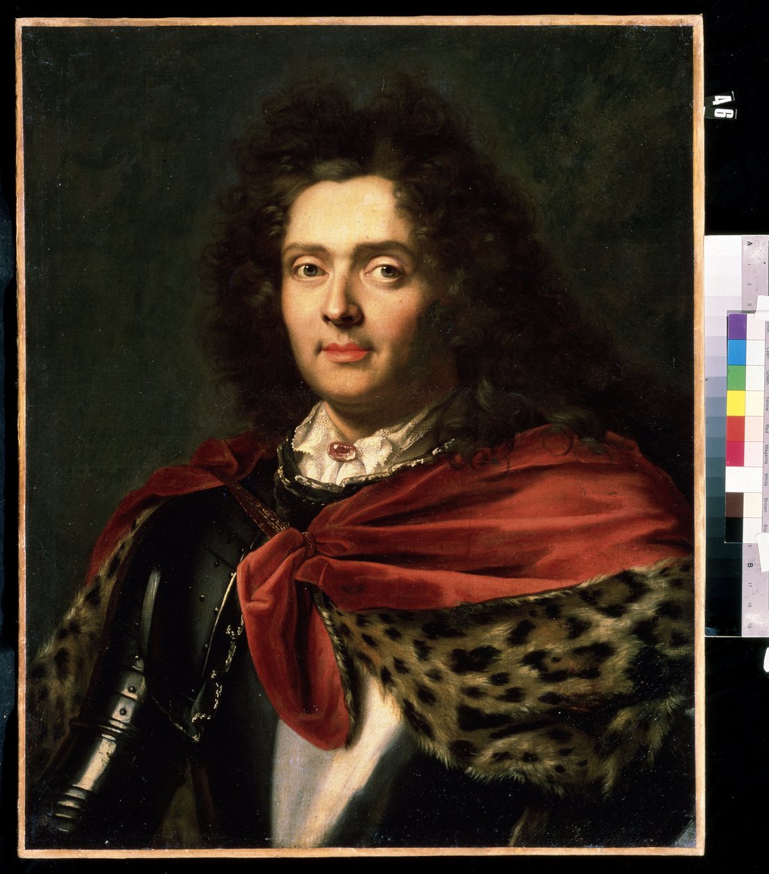 ""1700-luvun ranskalaisen aristokraatin muotokuva"" Hänellä on päällään turkisviitta panssarinsa päällä. Ranskalainen koulumaalaus 1700-luvun puolivälistä Mihail Kroshitskyn taidemuseo, Sevastopol (Sevastopol) Ukraina tekijältä French School