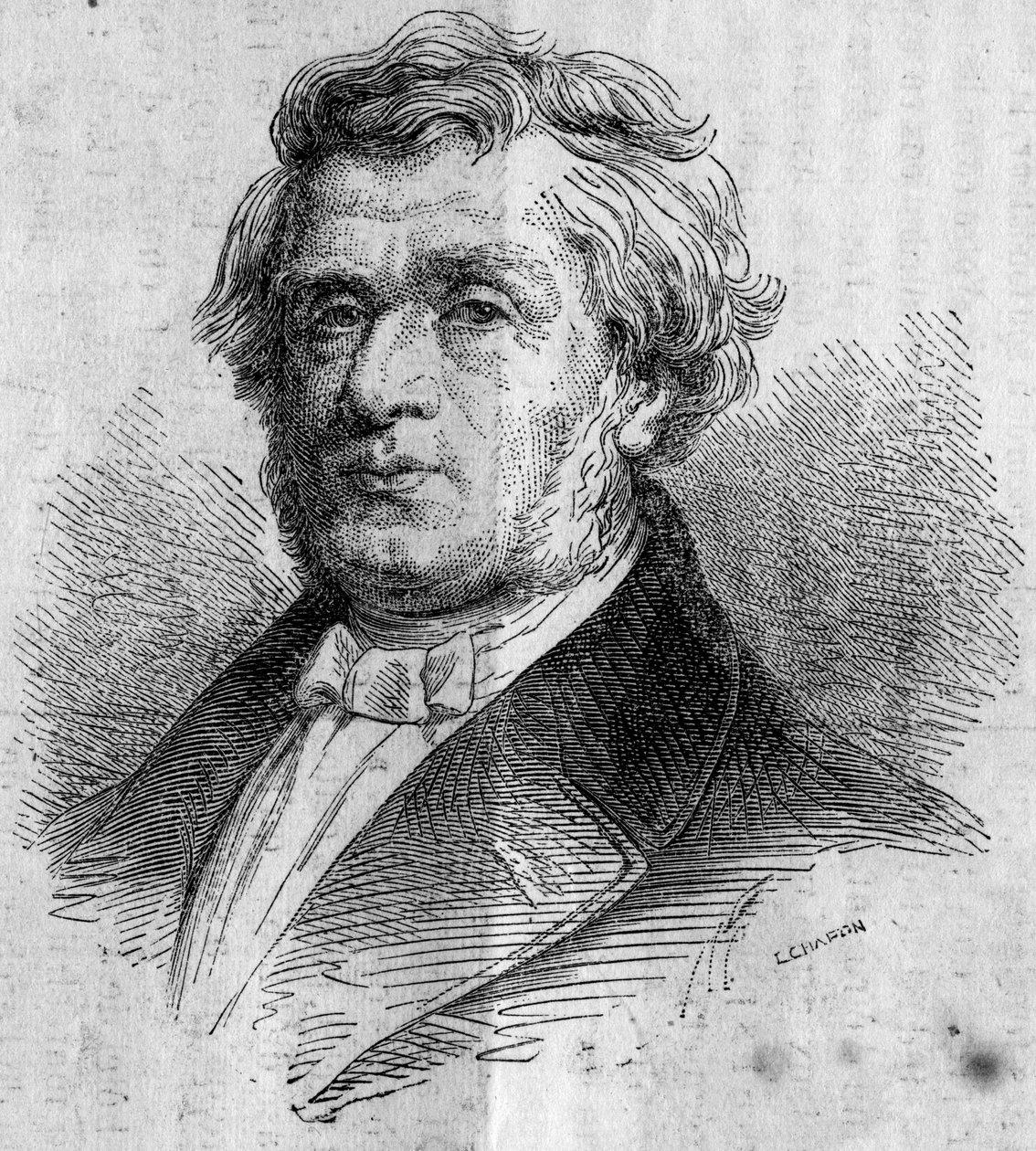 Muotokuva Alphonse Lavalleesta (1791-?), Nantesin liikemiehestä, Ecole Centrale des Arts et Manufacturesin (tai Ecole Centrale Parisin) perustajasta, joka kouluttaa insinöörejä. Kaiverrus ""Le Monde Illustre" -julkaisussa nro 346, 28. marraskuuta 1863. tekijältä French School