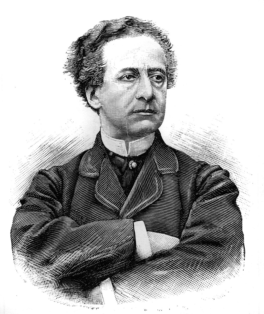 Muotokuva Jean Baptiste Prospere Bressantista (1815-1886) (Jean-Baptiste-Prospere), ranskalaisen Comedie Francaisen koomikon. Kaiverrus "Le Monde Illustressa", 30. tammikuuta 1886. tekijältä French School