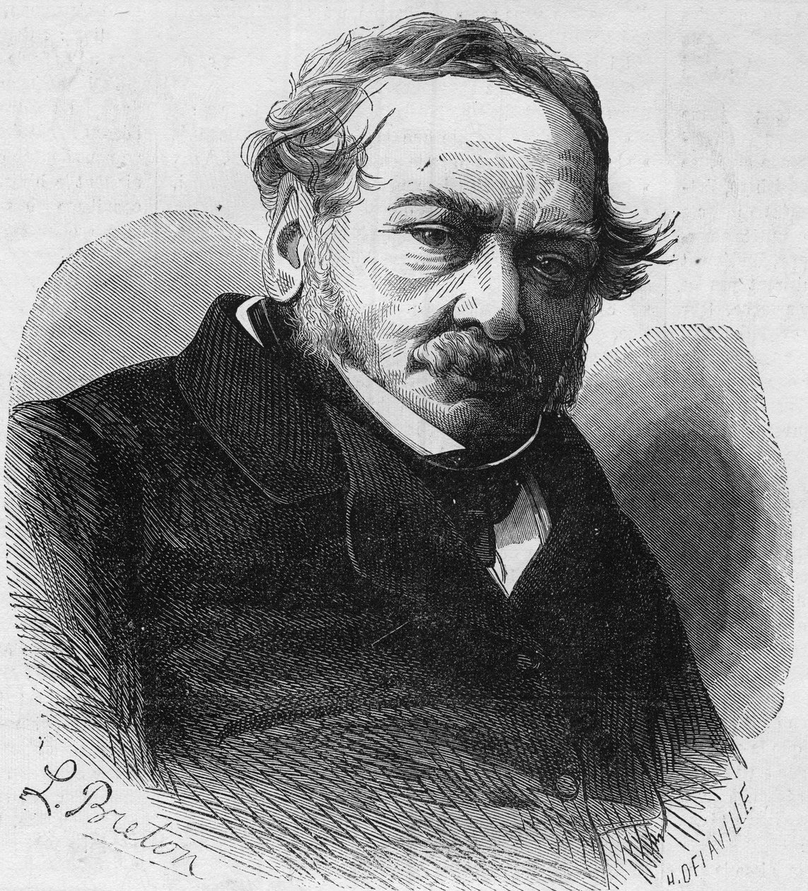 Muotokuva Paul de Kockista (1793-1871), ranskalaisesta kirjailijasta ja näytelmäkirjailijasta. Kaiverrus ""Le Monde Illustre" -julkaisussa nro 601, 17. lokakuuta 1868. tekijältä French School