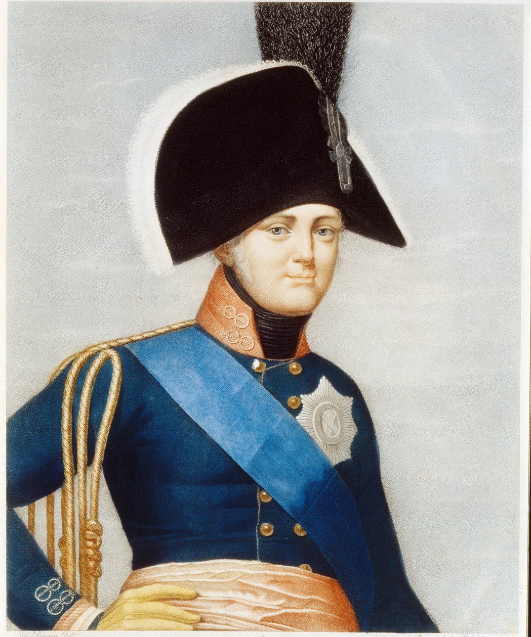 Muotokuva tsaari Aleksanteri I Pavlovichista (1777-1825) (Keisari Aleksanteri I:n muotokuva). Yllään Pyhän Hengen ritarikunnan sininen vyö ja Pyhän Andreaksen keisarillisen ritarikunnan kirjailtu tunnus. Ranskalaisen mestarin työ, litografia mi tekijältä French School