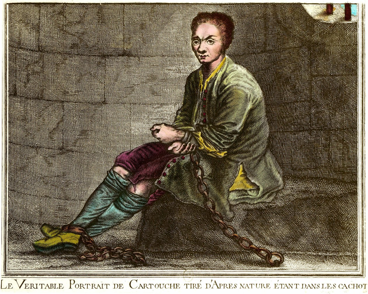 Muotokuva Louis Dominique Cartridgesta (1693-1721), ranskalainen rikollinen vankityrmässä 1700-luvun kaiverrus Yksityinen kokoelma tekijältä French School