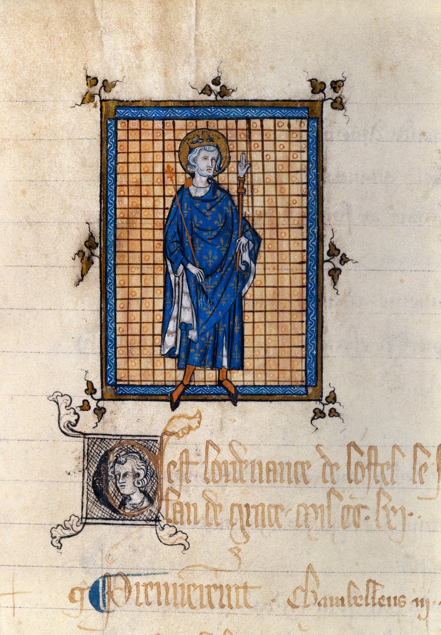 Täyspitkä muotokuva Saint Louisista Majesteetissa (Louis IX) (1214-1270) Miniatyyri otettu "Hotel du Roin määräysrekisteristä". Pariisi, Kansallisarkisto tekijältä French School