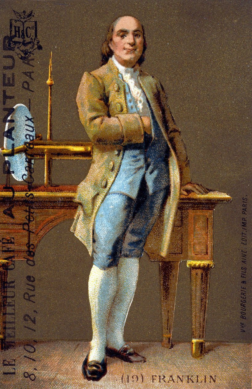 Benjamin Franklinin, amerikkalaisen poliitikon ja fyysikon (1706-1790) muotokuva jalassa - kromo., deb. 20. vuosisata tekijältä French School