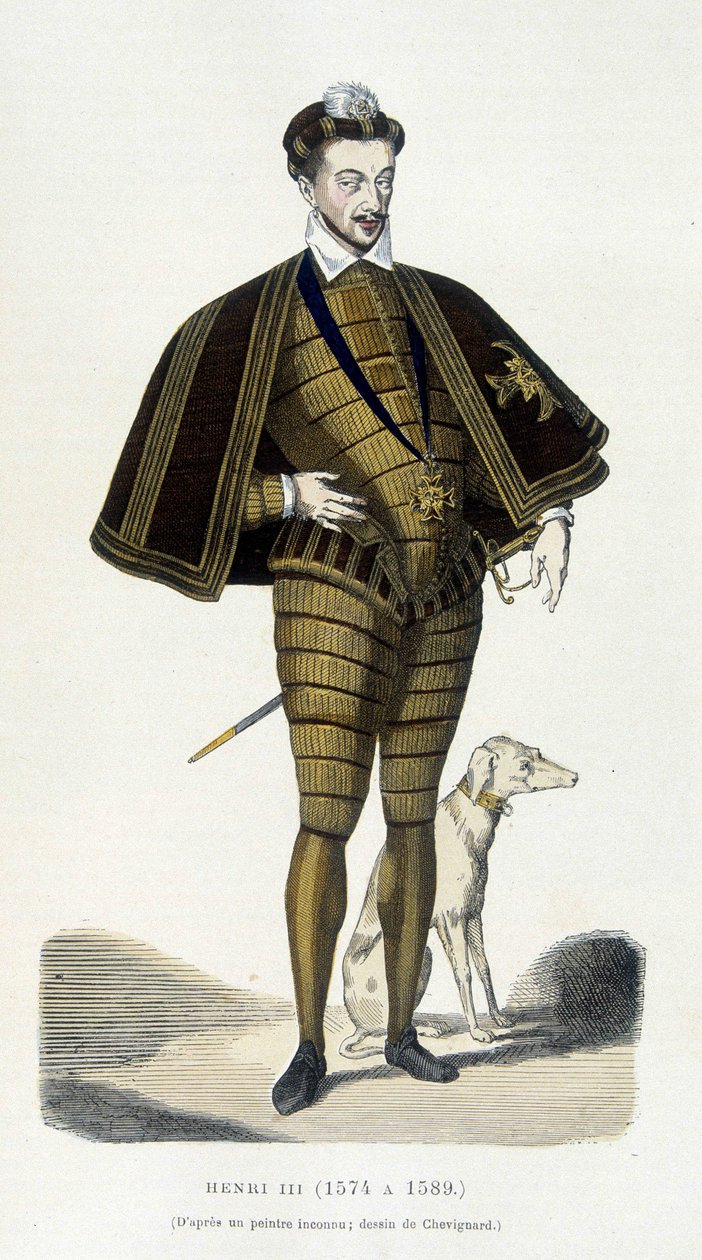 Henry III:n (1551 - 1589) muotokuva jaloissa - Augustin Challamelin teoksessa "Ranska ja ranskalaiset vuosisatojen ajan" tekijältä French School