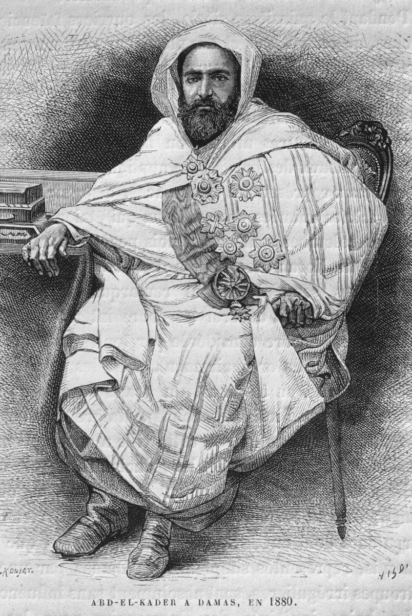 Muotokuva Abd el-Kaderista Damaskoksessa vuonna 1880 (1808-83), Syyriasta tänään. Matkustaa Foinikiassa, Libanonissa ja Juudeassa. Louis Charles Emile Lortetin 1875-1880, 1884 (bw-kaiverrus) tekijältä French School