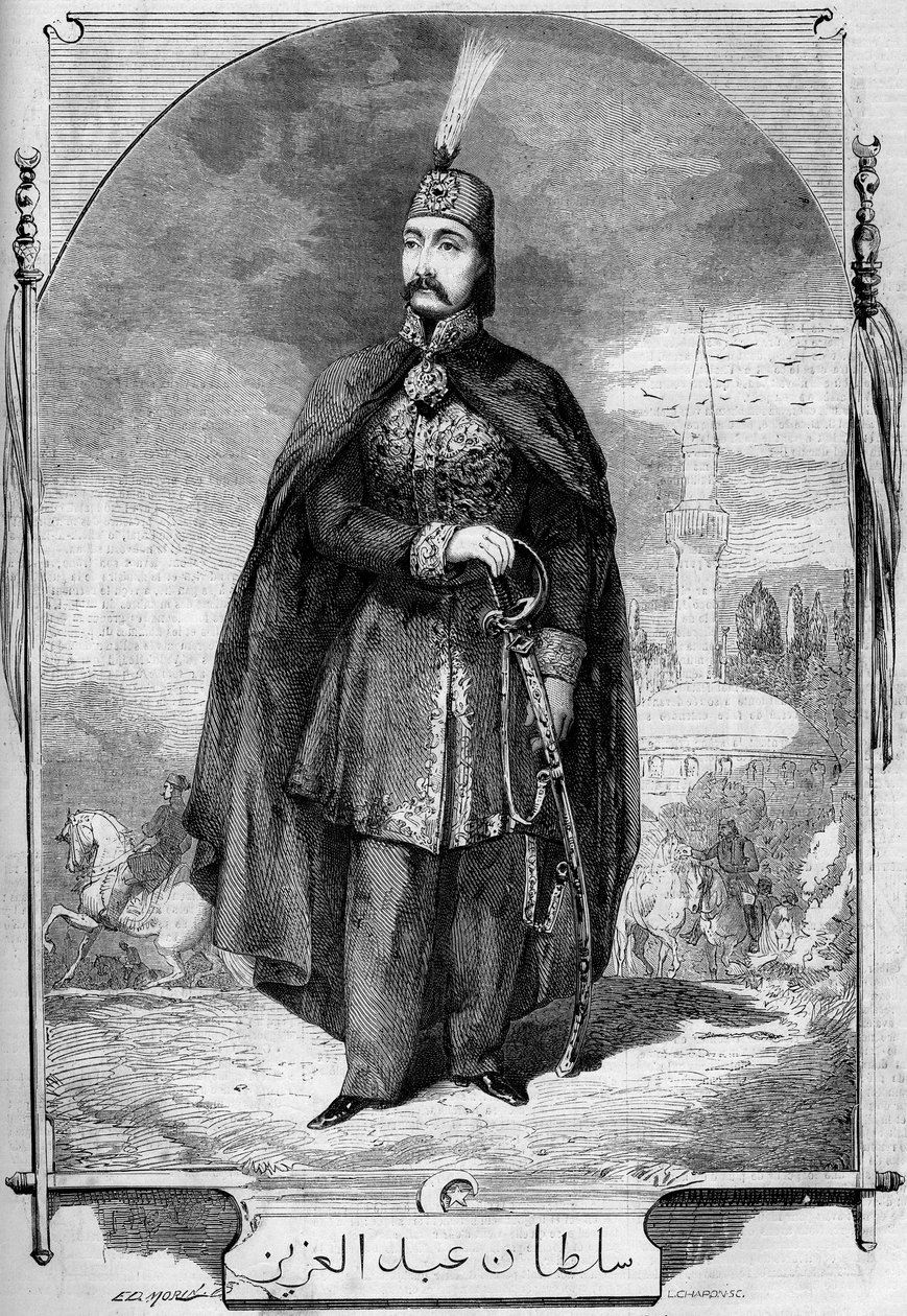 Muotokuva Abdul Azizista (Abd-ul-Aziz tai Abd Ul Aziz tai Abdulaziz) 1830-1876, Ottomaanien valtakunnan sulttaani. Kaiverrus "" Le Monde Illustré" -julkaisussa nro 224, 27. heinäkuuta 1861. tekijältä French School