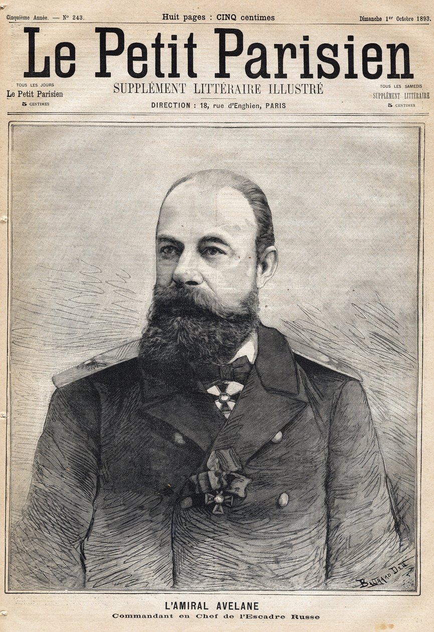 Venäjän laivueen komentajan amiraali Avelanen muotokuva. Yksi sanomalehdistä "Le Petit Parisien" 10.1.1893. tekijältä French School