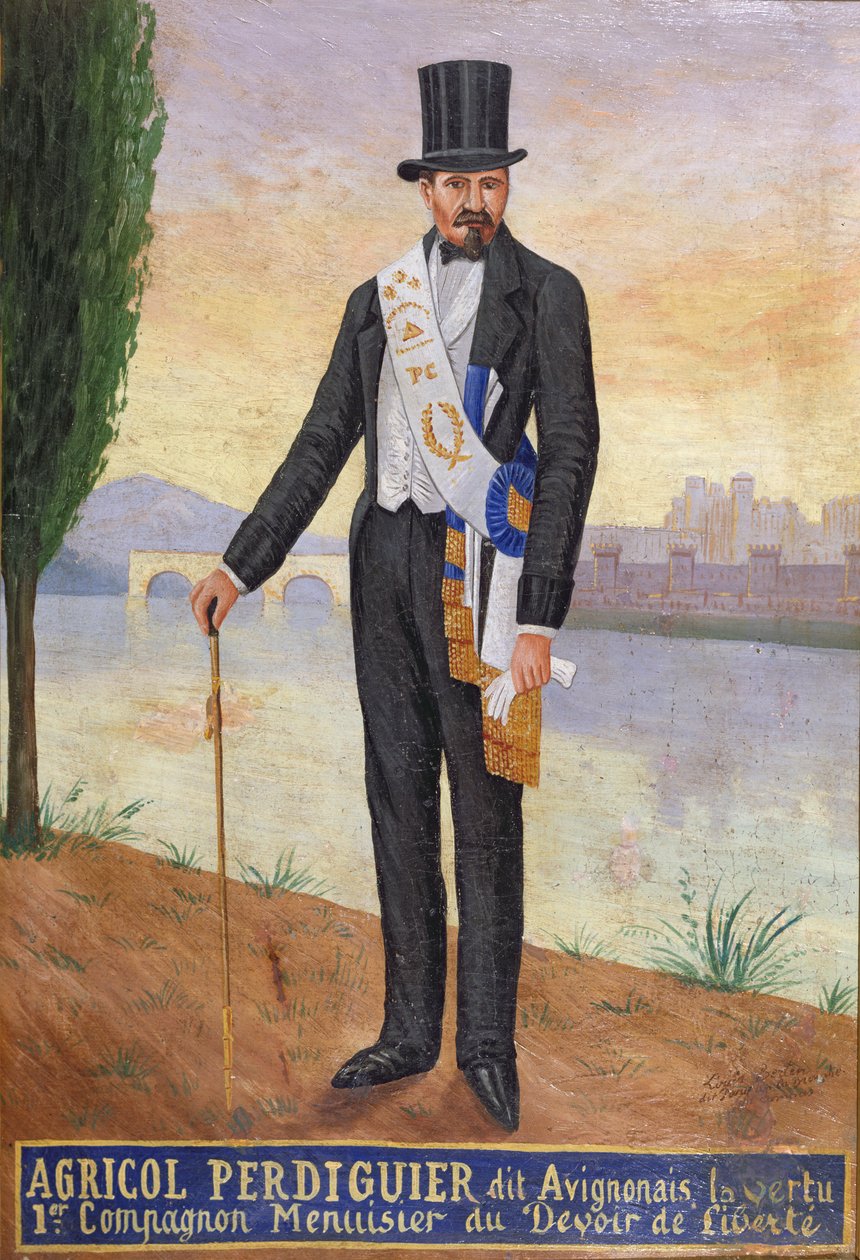 Muotokuva Avignonais-nimellä tunnetusta Agricol Perdiguierista seisomassa Rhône-joen rannalla Avignonissa, n. 1860-65 tekijältä French School