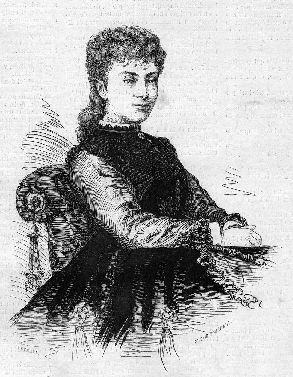 Muotokuva Aimee Descleestä (noin 1837-1874), ranskalaisesta koomikosta. Kaiverrus "" Le Monde Illustré" -julkaisussa nro 883, 14. maaliskuuta 1874. tekijältä French School