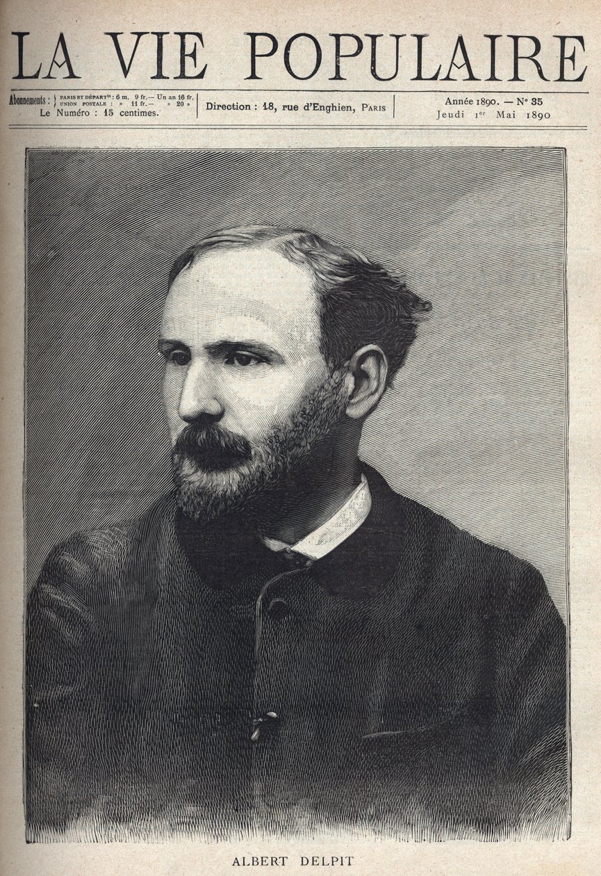 Muotokuva Albert Delpitistä (1849-1893), kirjailija ja näytelmäkirjailija. Kaiverrus "La vie populaire" tekijältä French School