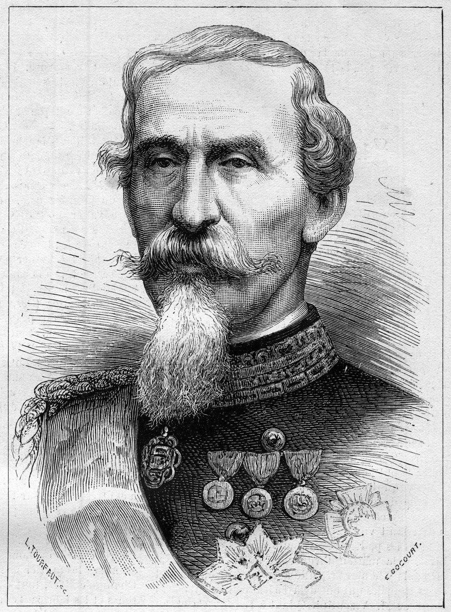 Kenraalin ja italialaisen poliitikon Alfonso Ferrero de La Marmora (Lamarmora) (1804 - 1878) muotokuva. Kaiverrus "" Le Monde Illustré" -julkaisussa nro 1085, 19. tammikuuta 1878. tekijältä French School