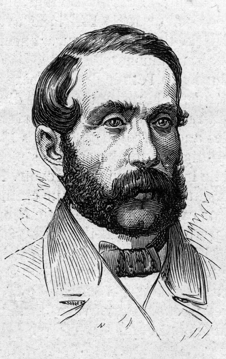 Muotokuva Alfred Mezieresistä (1826-1915), ranskalainen kirjallisuushistorioitsija, poliitikko, esseisti ja akateemikko. Kaiverrus "" Le Monde Illustré" -julkaisussa nro 883, 14. maaliskuuta 1874. tekijältä French School