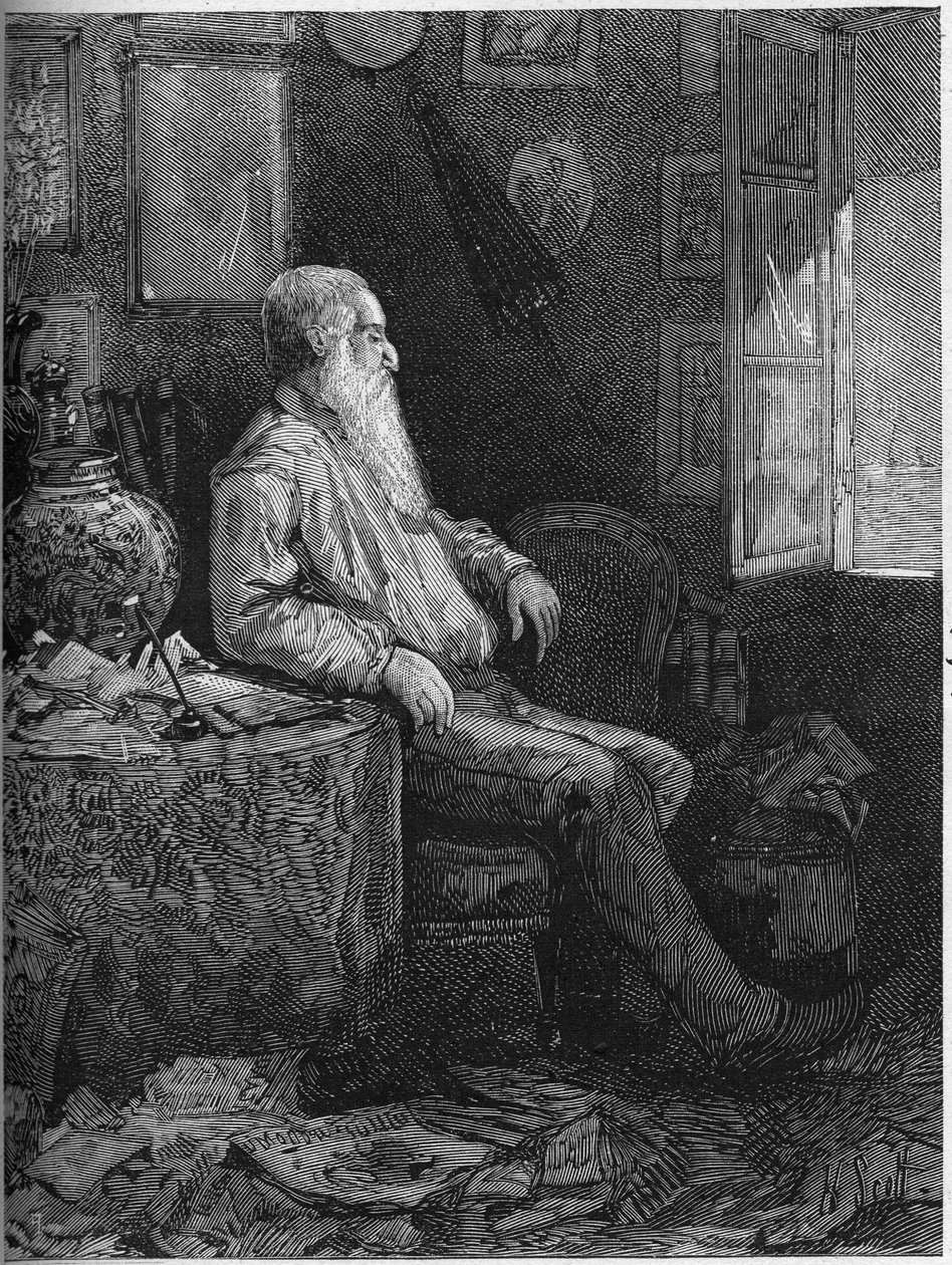 Muotokuva Alphonse Karrista (1808-1898), ranskalaisesta kirjailijasta ja näytelmäkirjailijasta. Kaiverrus "" Le Monde Illustré" -julkaisussa nro 1122, 28. syyskuuta 1878. tekijältä French School
