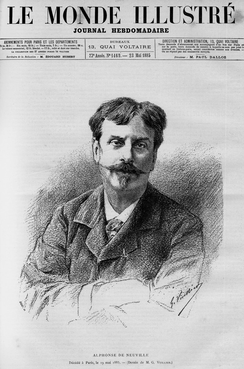 Alphonse de Neuvillen (1835-1885), ranskalaisen taidemaalarin ja sarjakuvapiirtäjän muotokuva elokuvassa "Kuvallinen maailma" 1885 tekijältä French School